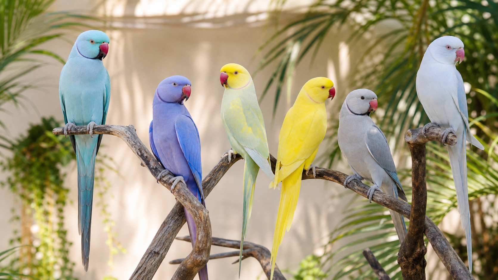 Ring Necks em mutações azul, violeta, lutino, amarelo, cinza e albino