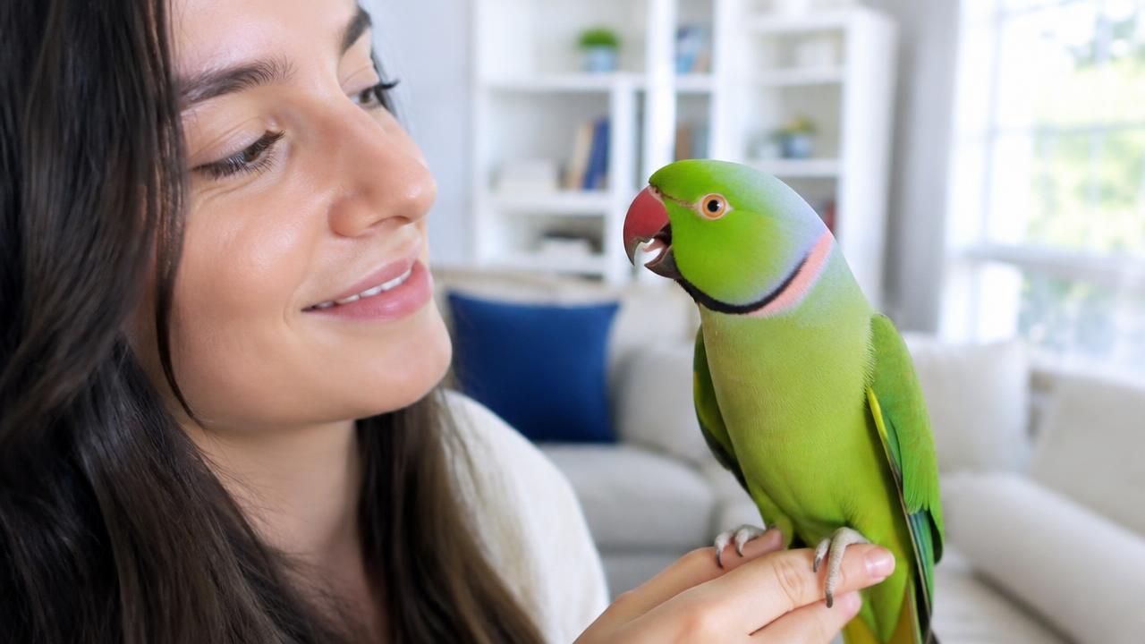Ring Neck verde interagindo com a tutora dentro de casa