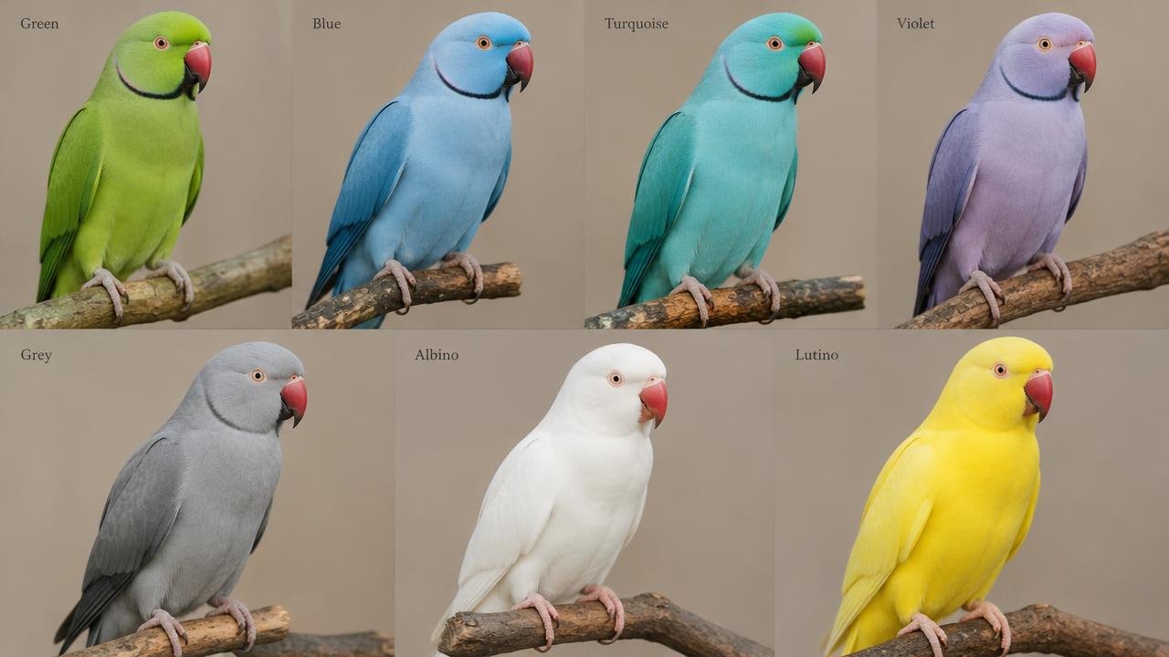 Mutações de Ring Neck: verde, azul, turquesa, violeta, cinza, albino e lutino