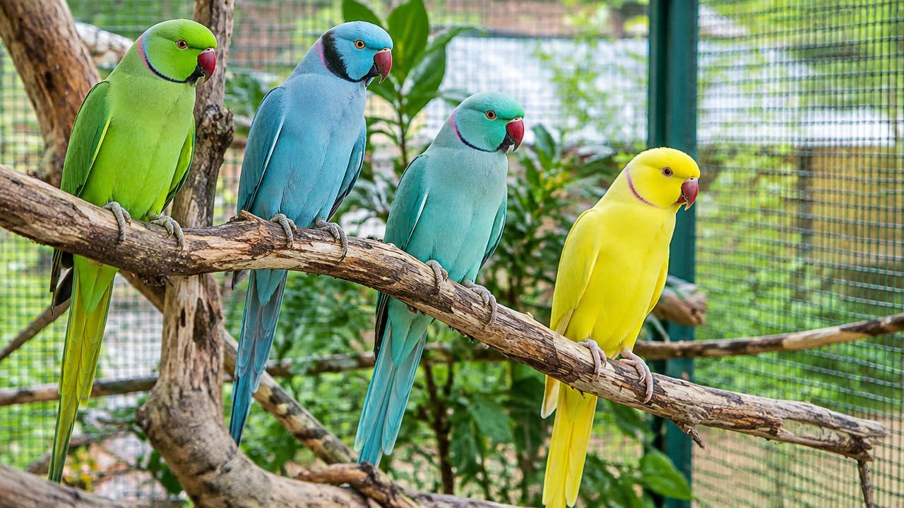 Ring Necks de diferentes mutações em um viveiro